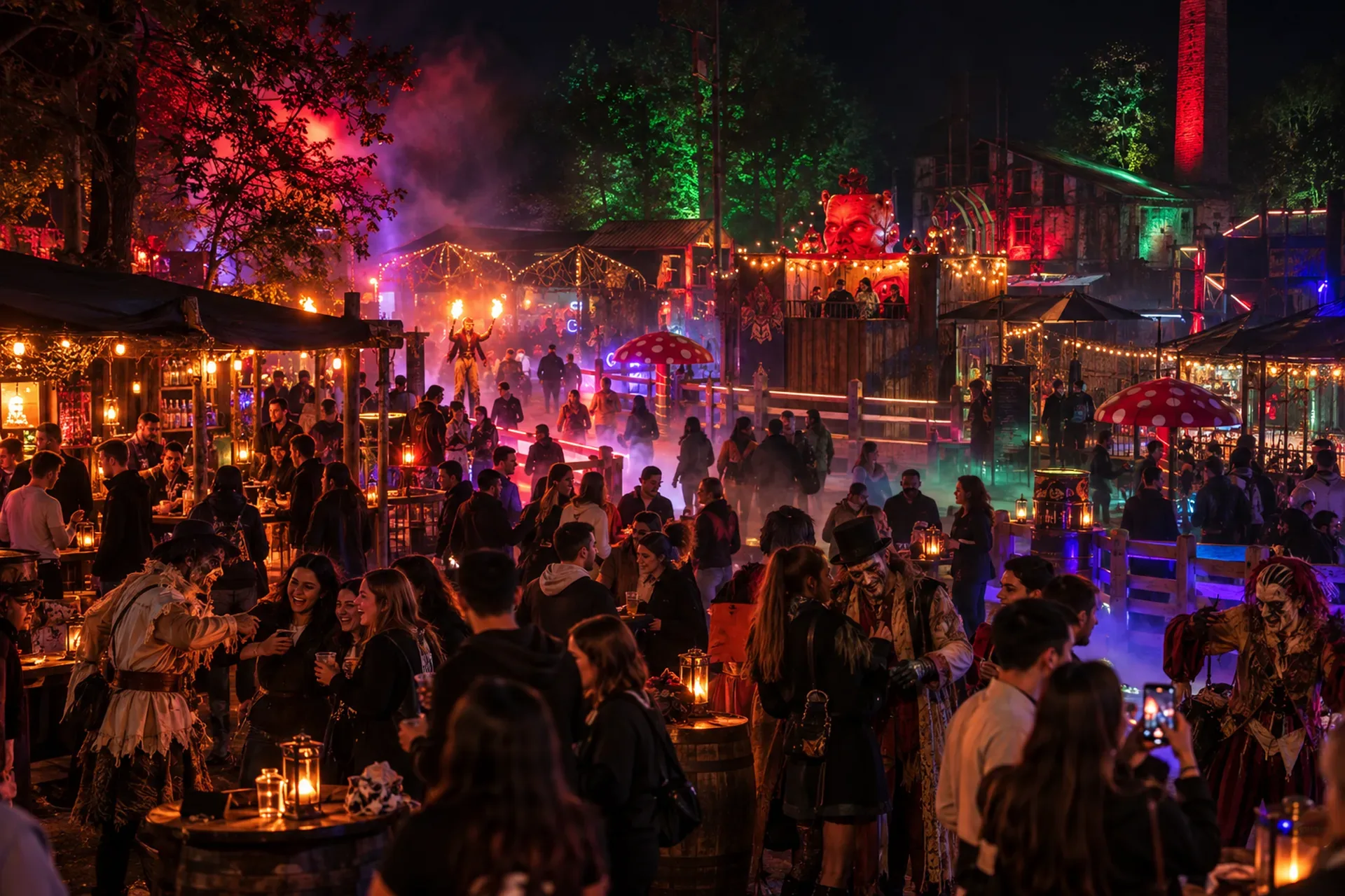 El recinto de la Fábrica Assombrada de noche, lleno de visitantes entre luces y puestos.