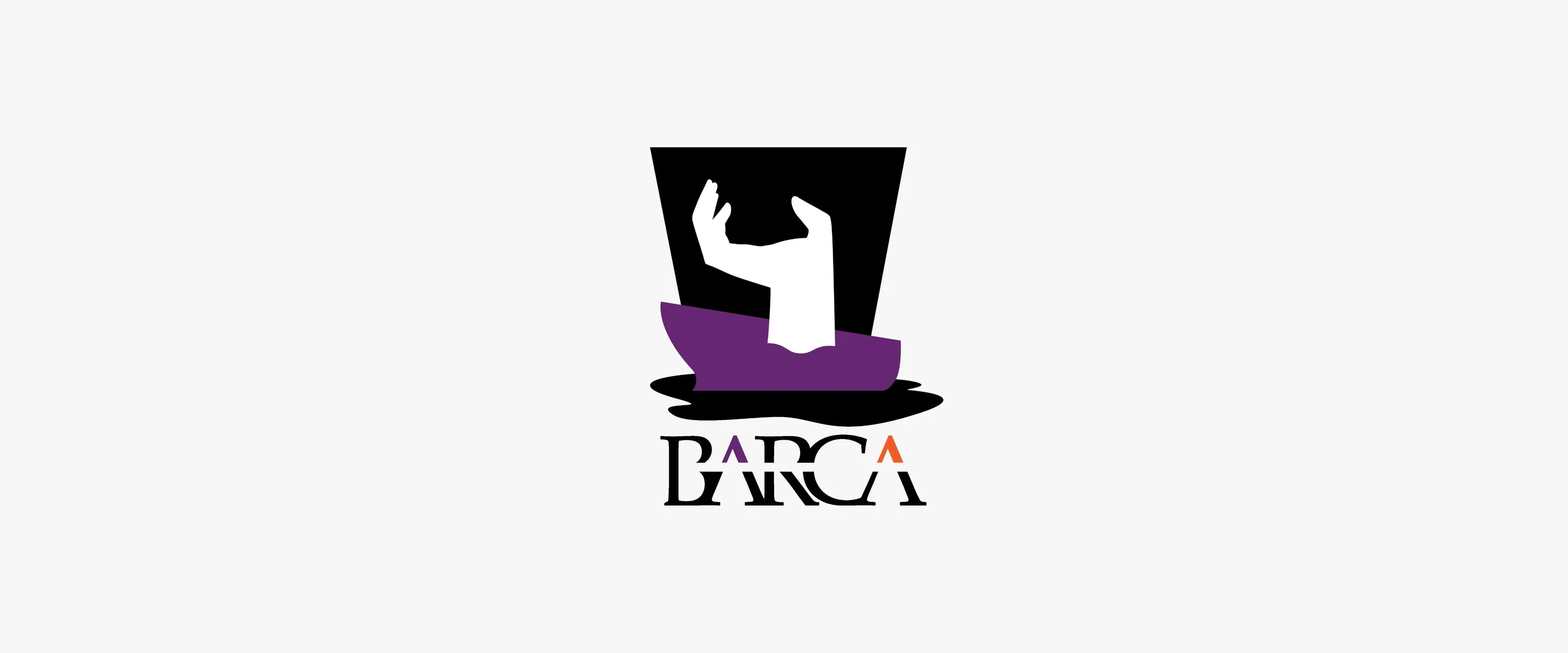 O logótipo da Barca sobre fundo claro: uma mão branca a sair de uma cartola preta que se afunda numa poça negra, com a palavra «BARCA» por baixo.