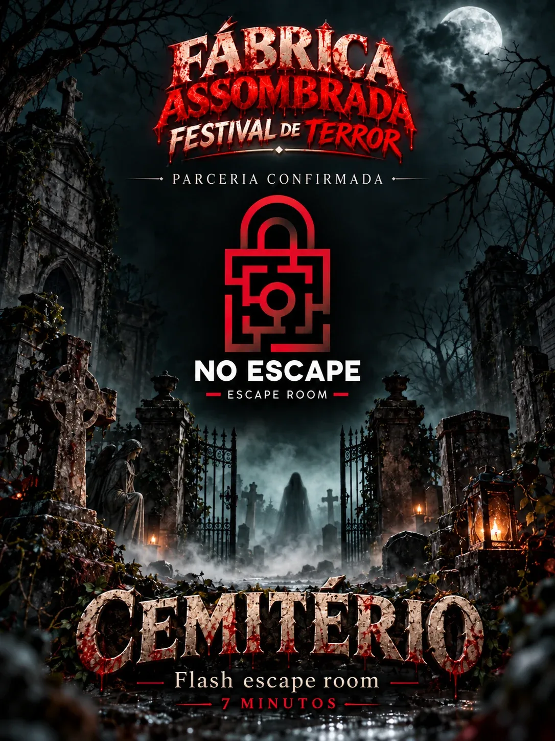 Cartel oficial: Fábrica Assombrada, Festival de Terror. Colaboración confirmada: NoEscape, Escape Room. Cemitério, Flash escape room, 7 minutos.