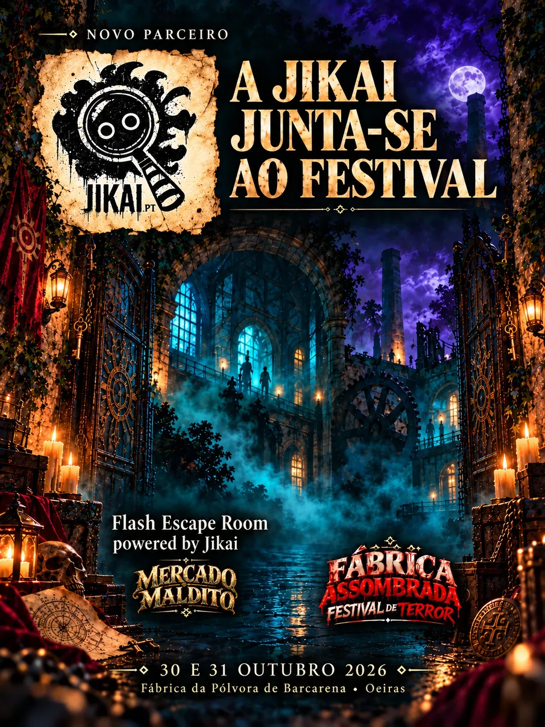 Cartel oficial: Jikai se une al Festival. Nuevo colaborador. Flash Escape Room powered by Jikai: Mercado Maldito. Fábrica Assombrada, Festival de Terror, 30 y 31 de octubre de 2026, Fábrica da Pólvora de Barcarena, Oeiras.
