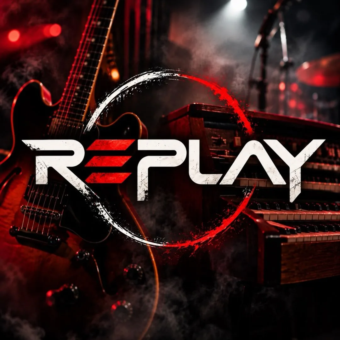 O logótipo branco e vermelho de RePlay sobre uma fotografia de uma guitarra elétrica e de um órgão, entre fumo e luzes vermelhas.