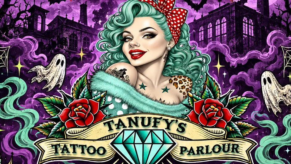 Uma pin-up de cabelo verde-água e laço vermelho de bolinhas, entre rosas e um banner com a inscrição «Tanufy’s Tattoo Parlour» e um diamante, diante de uma fábrica assombrada roxa, com fantasmas. Recorte do cartaz oficial.