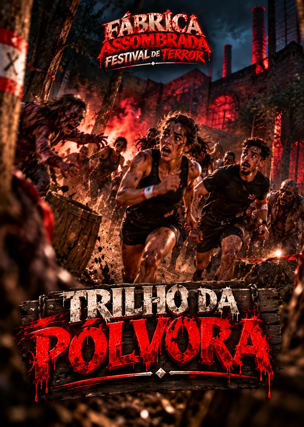 Cartel oficial: Fábrica Assombrada, Festival de Terror. Trilho da Pólvora. Una mujer y un hombre, cubiertos de barro, corren por un bosque al anochecer, perseguidos por una horda de zombis, con la fábrica iluminada de rojo al fondo. El título «Trilho da Pólvora» aparece en letras blancas y rojas, sobre madera.
